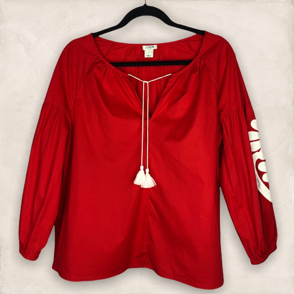 J. Crew Red White Cotton Linen Blouse with Tassels Small